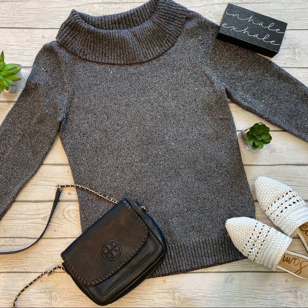 Charcoal Cowl-Neck Marled Metallic Knit Sweater